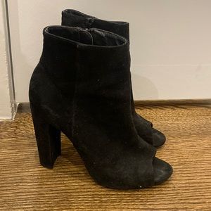 Size 7 Black Suede High Heeled Boots with Open Toe